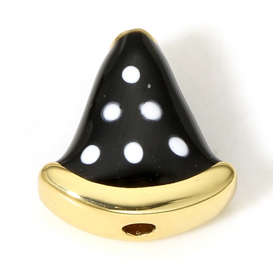 Immagine di 1 Pz Ottone Perline per la Creazione di Gioielli con Ciondoli Fai-da-te Colore Oro 18K Nero Cappello Polka Dot Smalto Circa 12mmx 11.5mm, Foro:Circa 1.8mm