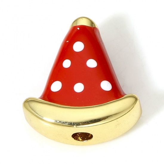 Immagine di 1 Pz Ottone Perline per la Creazione di Gioielli con Ciondoli Fai-da-te Colore Oro 18K Rosso Cappello Polka Dot Smalto Circa 12mmx 11.5mm, Foro:Circa 1.8mm