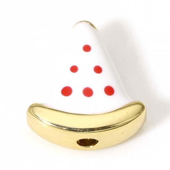 Immagine di 1 Pz Ottone Perline per la Creazione di Gioielli con Ciondoli Fai-da-te Colore Oro 18K Bianco Cappello Polka Dot Smalto Circa 12mmx 11.5mm, Foro:Circa 1.8mm