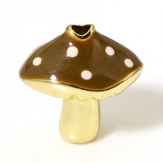 Picture of 1 Piece Brass Flora Collection Beads For DIY Charm Jewelry Making 18K Real Gold Plated Brown Mushroom Dot Enamel About 13mm x 12mm, Hole: Approx 1.4mm