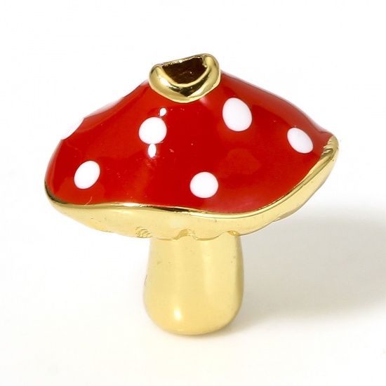 Picture of 1 Piece Brass Flora Collection Beads For DIY Charm Jewelry Making 18K Real Gold Plated Red Mushroom Dot Enamel About 13mm x 12mm, Hole: Approx 1.4mm
