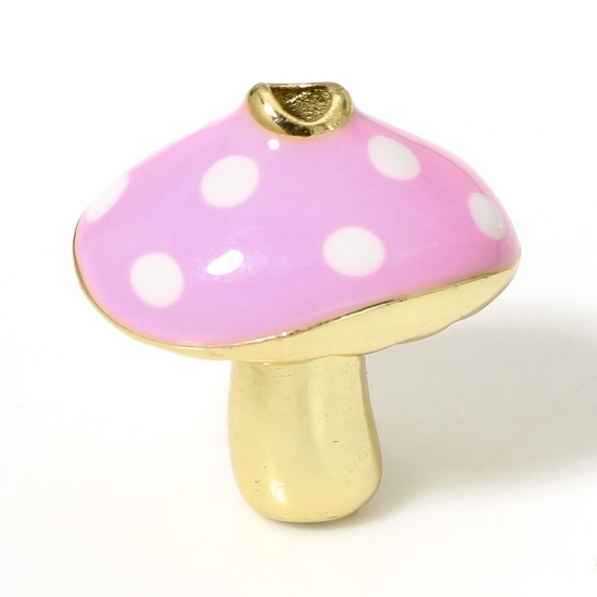 Picture of 1 Piece Brass Flora Collection Beads For DIY Charm Jewelry Making 18K Real Gold Plated Pink Mushroom Dot Enamel About 13mm x 12mm, Hole: Approx 1.4mm