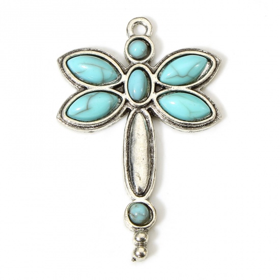 Picture of 5 PCs Zinc Based Alloy Boho Chic Bohemia Pendants Antique Silver Color Dragonfly Animal With Resin Cabochons Imitation Turquoise 3.8cm x 2.5cm