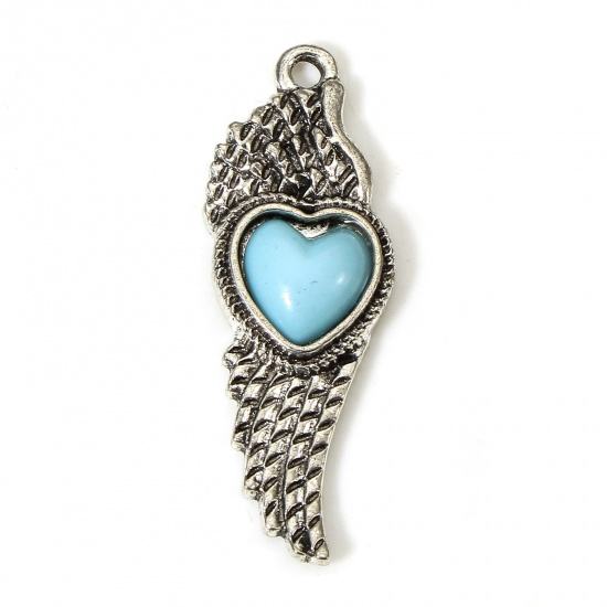 Picture of 5 PCs Zinc Based Alloy Boho Chic Bohemia Pendants Antique Silver Color Wing Heart With Resin Cabochons Imitation Turquoise 3.4cm x 1.2cm