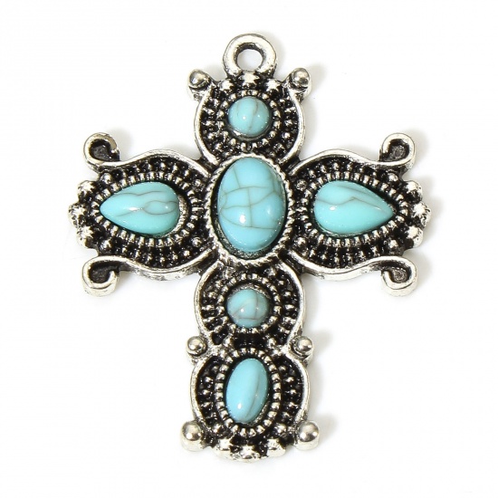 Picture of 5 PCs Zinc Based Alloy Boho Chic Bohemia Pendants Antique Silver Color Wing Heart With Resin Cabochons Imitation Turquoise 3.3cm x 2.7cm