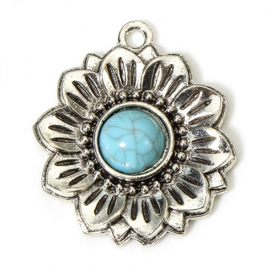 Picture of 5 PCs Zinc Based Alloy Boho Chic Bohemia Charms Antique Silver Color Sunflower With Resin Cabochons Imitation Turquoise 28mm x 25mm