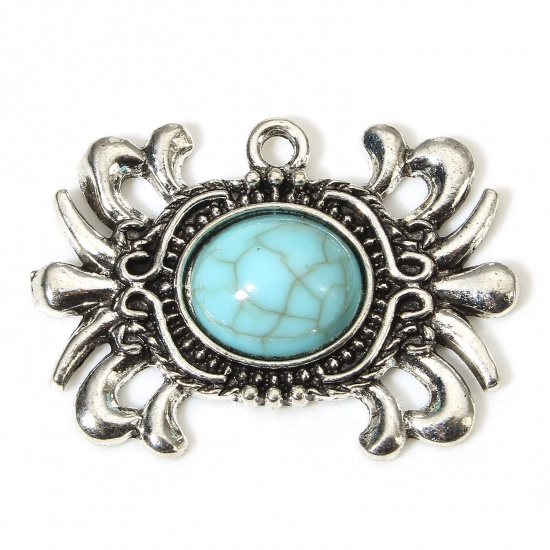 Picture of 5 PCs Zinc Based Alloy Boho Chic Bohemia Pendants Antique Silver Color Crab Animal With Resin Cabochons Imitation Turquoise 3.3cm x 2.4cm