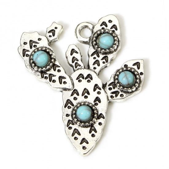 Picture of 5 PCs Zinc Based Alloy Boho Chic Bohemia Charms Antique Silver Color Cactus With Resin Cabochons Imitation Turquoise 29mm x 25mm