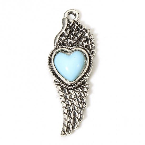 Picture of 5 PCs Zinc Based Alloy Boho Chic Bohemia Pendants Antique Silver Color Wing Heart With Resin Cabochons Imitation Turquoise 3.4cm x 1.2cm