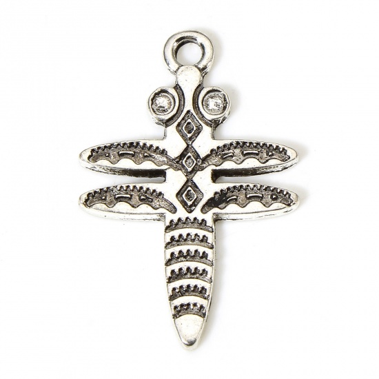 Picture of 10 PCs Zinc Based Alloy Boho Chic Bohemia Charms Antique Silver Color Dragonfly Animal 28mm x 19mm