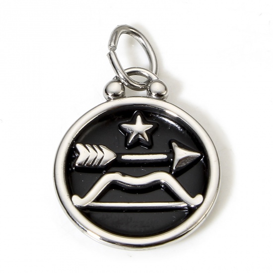 Picture of 1 Piece 304 Stainless Steel Charms Silver Tone Black Round Disc Sagittarius Sign Of Zodiac Constellations Enamel 26mm x 17mm