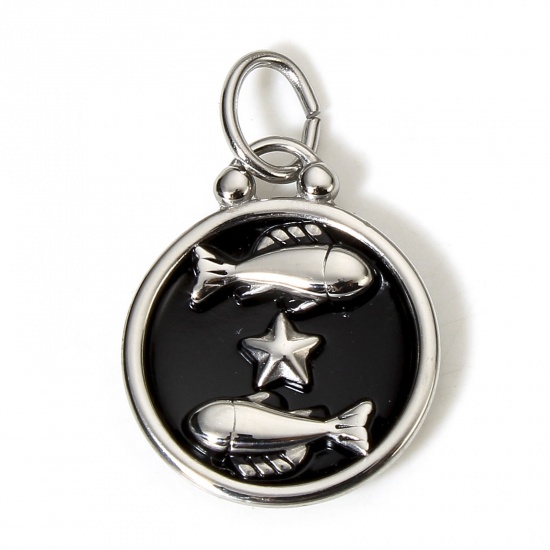 Picture of 1 Piece 304 Stainless Steel Charms Silver Tone Black Round Disc Pisces Sign Of Zodiac Constellations Enamel 26mm x 17mm