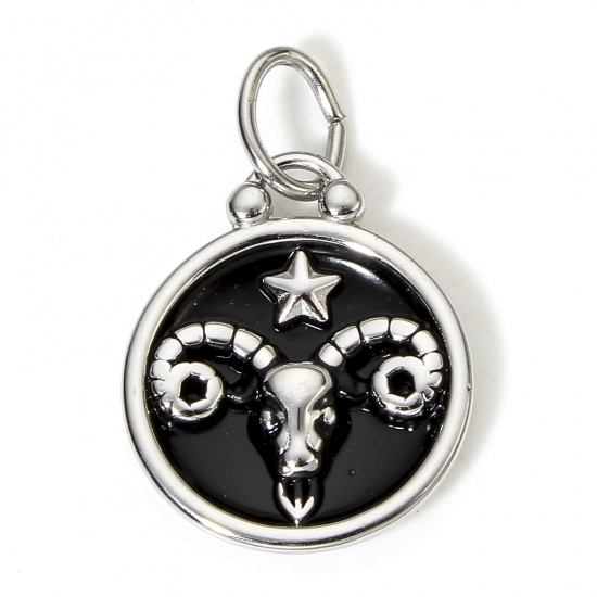 Picture of 1 Piece 304 Stainless Steel Charms Silver Tone Black Round Disc Aries Sign Of Zodiac Constellations Enamel 26mm x 17mm