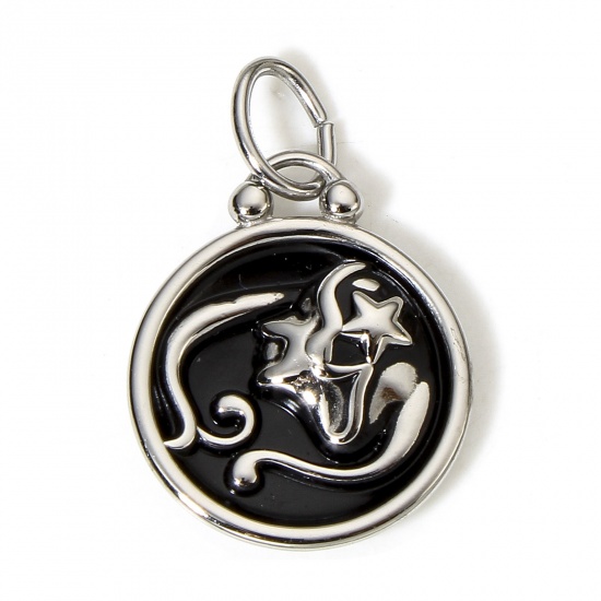 Picture of 1 Piece 304 Stainless Steel Charms Silver Tone Black Round Disc Virgo Sign Of Zodiac Constellations Enamel 26mm x 17mm