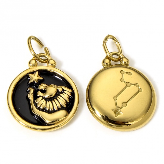 Picture of 1 Piece 304 Stainless Steel Charms 18K Gold Color Black Round Leo Sign Of Zodiac Constellations Enamel 26mm x 17mm