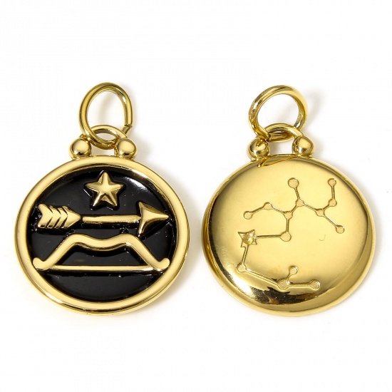 Picture of 1 Piece 304 Stainless Steel Charms 18K Gold Color Black Round Sagittarius Sign Of Zodiac Constellations Enamel 26mm x 17mm