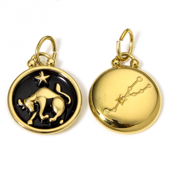 Picture of 1 Piece 304 Stainless Steel Charms 18K Gold Color Black Round Taurus Sign Of Zodiac Constellations Enamel 26mm x 17mm