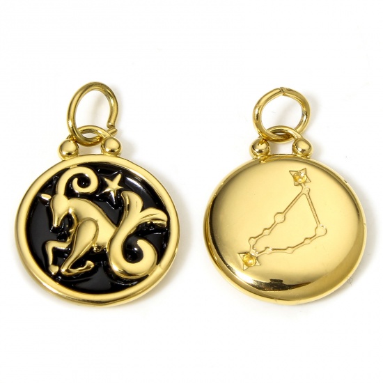 Picture of 1 Piece 304 Stainless Steel Charms 18K Gold Color Black Round Capricornus Sign Of Zodiac Constellations Enamel 26mm x 17mm
