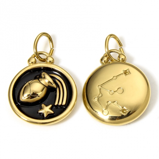 Picture of 1 Piece 304 Stainless Steel Charms 18K Gold Color Black Round Aquarius Sign Of Zodiac Constellations Enamel 26mm x 17mm