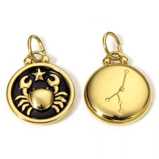 Picture of 1 Piece 304 Stainless Steel Charms 18K Gold Color Black Round Cancer Sign Of Zodiac Constellations Enamel 26mm x 17mm