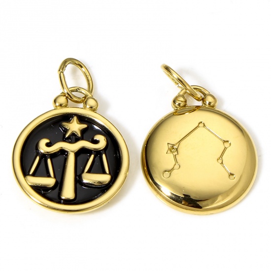 Picture of 1 Piece 304 Stainless Steel Charms 18K Gold Color Black Round Libra Sign Of Zodiac Constellations Enamel 26mm x 17mm