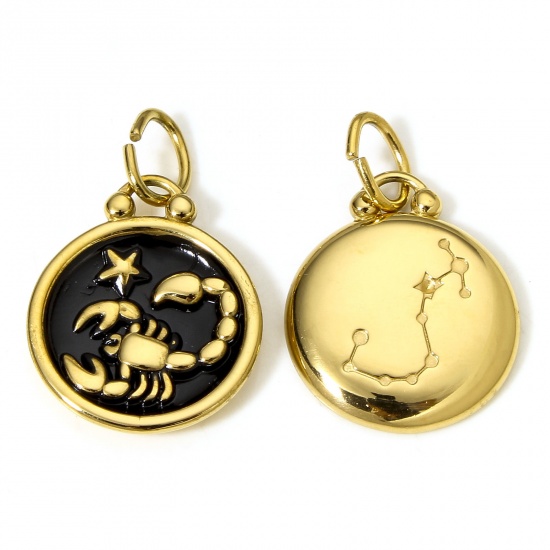Picture of 1 Piece 304 Stainless Steel Charms 18K Gold Color Black Round Scorpio Sign Of Zodiac Constellations Enamel 26mm x 17mm