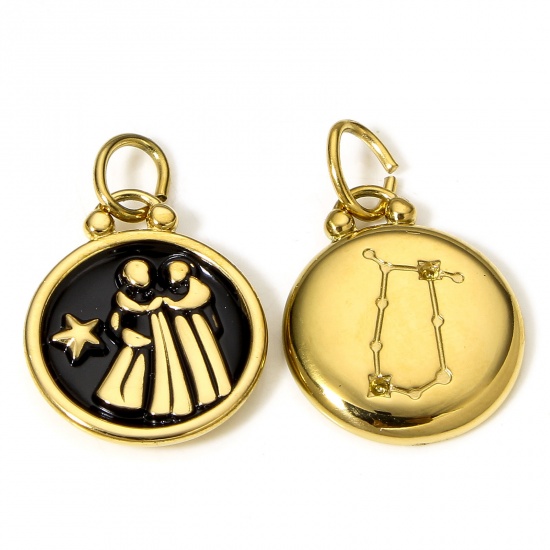Picture of 1 Piece 304 Stainless Steel Charms 18K Gold Color Black Round Gemini Sign Of Zodiac Constellations Enamel 26mm x 17mm