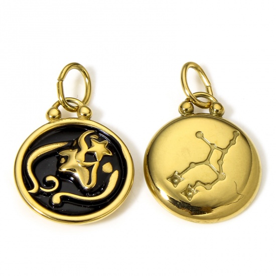 Picture of 1 Piece 304 Stainless Steel Charms 18K Gold Color Black Round Virgo Sign Of Zodiac Constellations Enamel 26mm x 17mm