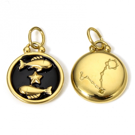 Picture of 1 Piece 304 Stainless Steel Charms 18K Gold Color Black Round Pisces Sign Of Zodiac Constellations Enamel 26mm x 17mm