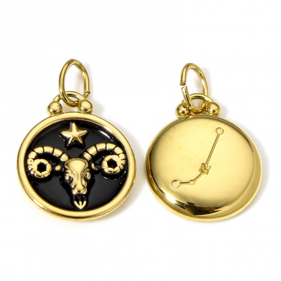 Picture of 1 Piece 304 Stainless Steel Charms 18K Gold Color Black Round Aries Sign Of Zodiac Constellations Enamel 26mm x 17mm