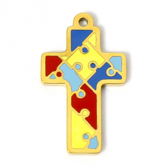 Picture of 1 Piece Vacuum Plating 304 Stainless Steel Charms 18K Gold Plated Cross Jigsaw 25mm x 15mm