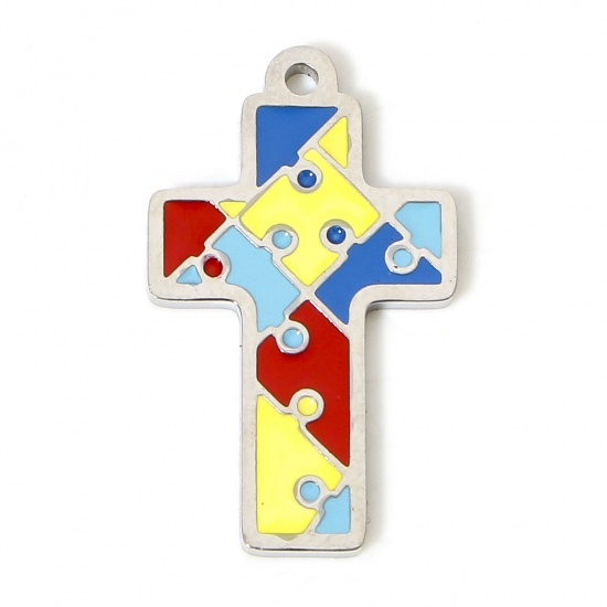 Picture of 1 Piece 304 Stainless Steel Charms Silver Tone Cross Jigsaw 25mm x 15mm