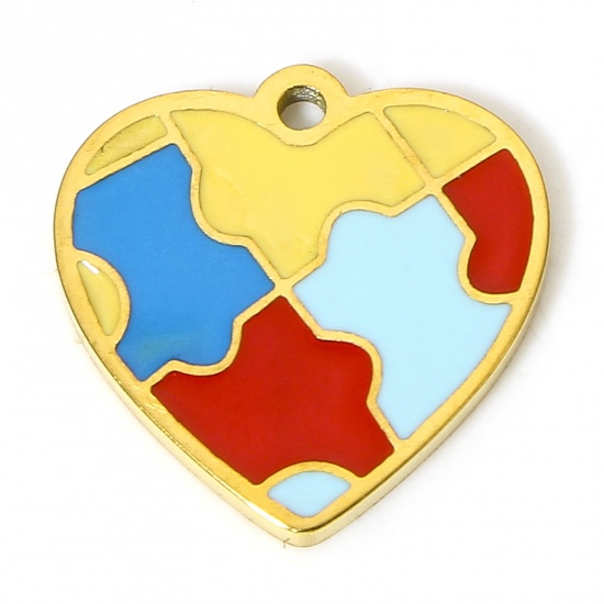 Picture of 1 Piece Vacuum Plating 304 Stainless Steel Charms 18K Gold Plated Heart Jigsaw 15mm x 15mm