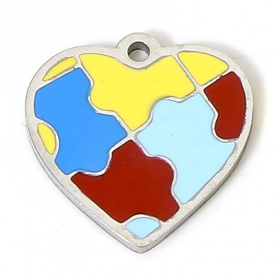 Picture of 1 Piece 304 Stainless Steel Charms Silver Tone Heart Jigsaw 15mm x 15mm