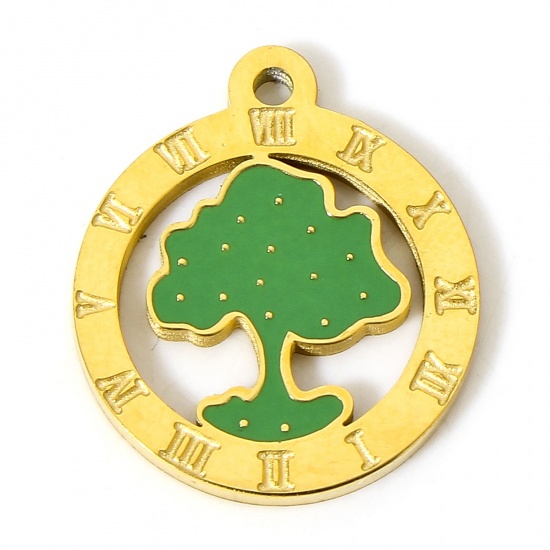 Picture of 1 Piece Vacuum Plating 304 Stainless Steel Charms 18K Gold Color Round Tree 17mm x 15mm