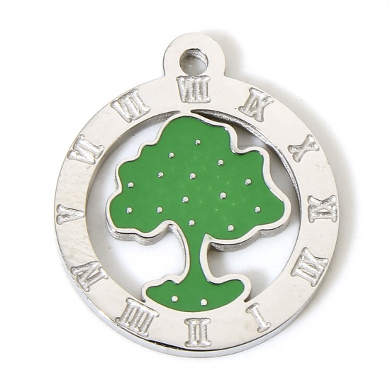 Picture of 1 Piece 304 Stainless Steel Charms Silver Tone Round Tree 17mm x 15mm
