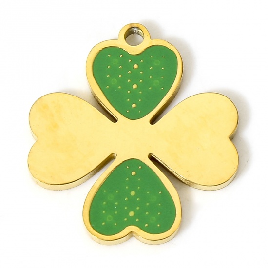 Picture of 1 Piece Vacuum Plating 304 Stainless Steel Charms 18K Gold Color Leaf Clover 17mm x 16mm