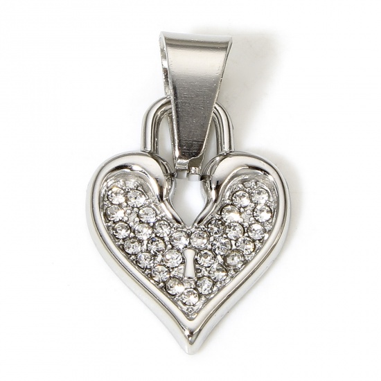 Bild von 1 Stück 304 Edelstahl Charm-Anhänger Herz Silberfarbe Transparent Strass 27mm x 14mm