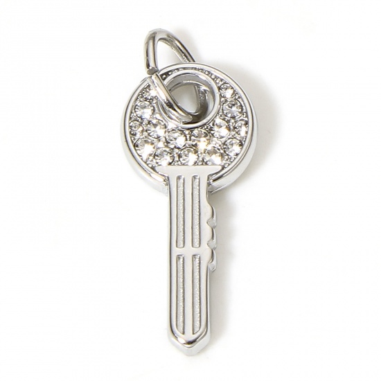Bild von 1 Stück 304 Edelstahl Charms Schlüssel Silberfarbe Transparent Strass 27mm x 10mm