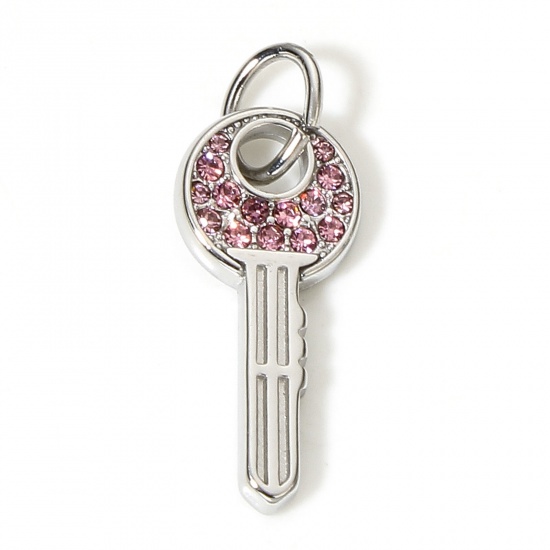 Bild von 1 Stück 304 Edelstahl Charms Schlüssel Silberfarbe Rosa Strass 27mm x 10mm