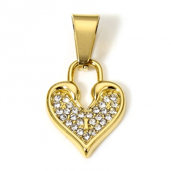 Picture of 1 Piece 304 Stainless Steel Charms 18K Gold Color Heart Lock Clear Rhinestone 27mm x 14mm
