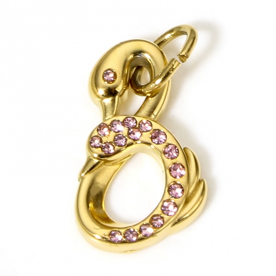 Picture of 1 Piece 304 Stainless Steel Charms 18K Gold Color Mandarin Duck Pink Rhinestone 24mm x 12mm
