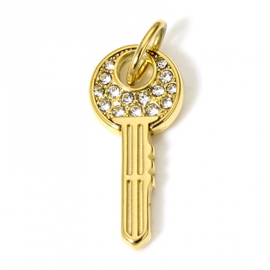 Picture of 1 Piece 304 Stainless Steel Charms 18K Gold Color Key Clear Rhinestone 27mm x 10mm
