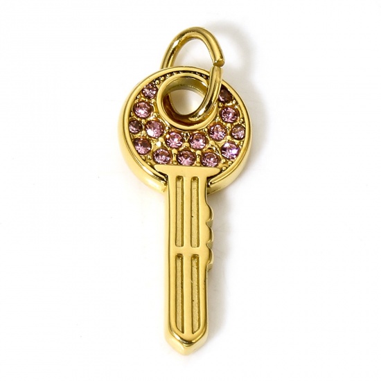 Picture of 1 Piece 304 Stainless Steel Charms 18K Gold Color Key Pink Rhinestone 27mm x 10mm