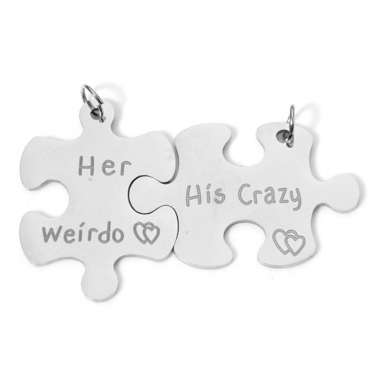 Picture of 1 Set ( 2 PCs/Set) 304 Stainless Steel Pendants Silver Tone Jigsaw Message " His Crazy & Her Weirdo " 3.7x2.4cm 3.5x2.8cm