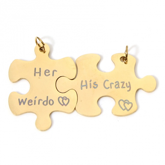 Picture of 1 Set ( 2 PCs/Set) 304 Stainless Steel Pendants 18K Gold Color Jigsaw Message " His Crazy & Her Weirdo " 3.7x2.4cm 3.5x2.8cm