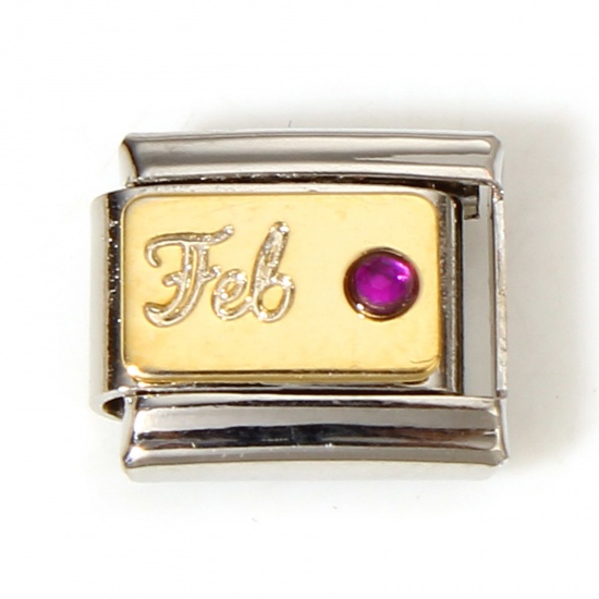 Picture of 1 Piece 304 Stainless Steel Birthstone Italian Charm Links For DIY Bracelet Jewelry Making Gold Plated & Silver Tone Rectangle February Purple Rhinestone 10mm x 9mm