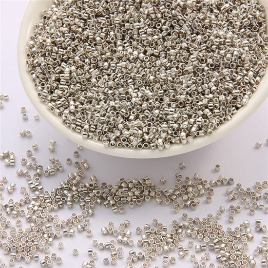 Immagine di 10 Grammi Perle di Semi Vetro Cilindrico Argento Opaco Per 2mm Dia., Foro:Circa 0.8mm