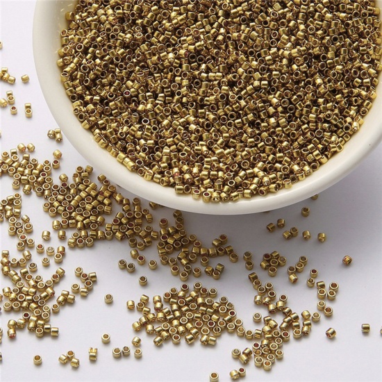 Picture of 10 Grams Glass Delica Seed Beads Round Bugle Golden Opaque About 2mm Dia., Hole: Approx 0.8mm