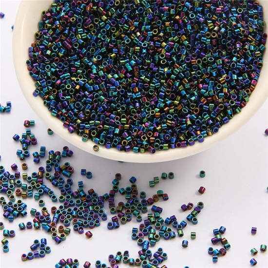 Immagine di 10 Grammi Perle di Semi Vetro Cilindrico Colore Arcobaleno Placcato Opaco Per 2mm Dia., Foro:Circa 0.8mm